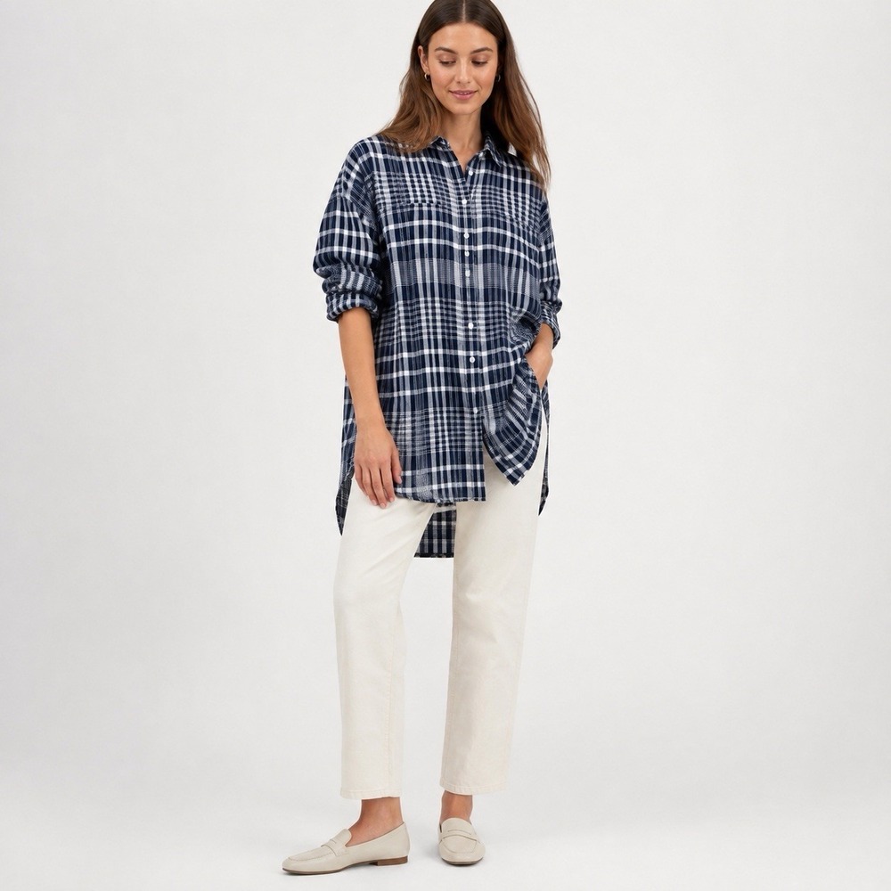 Everlane The Way-Long Linen Shirt S Navy Plaid Oversized Tunic Button Down